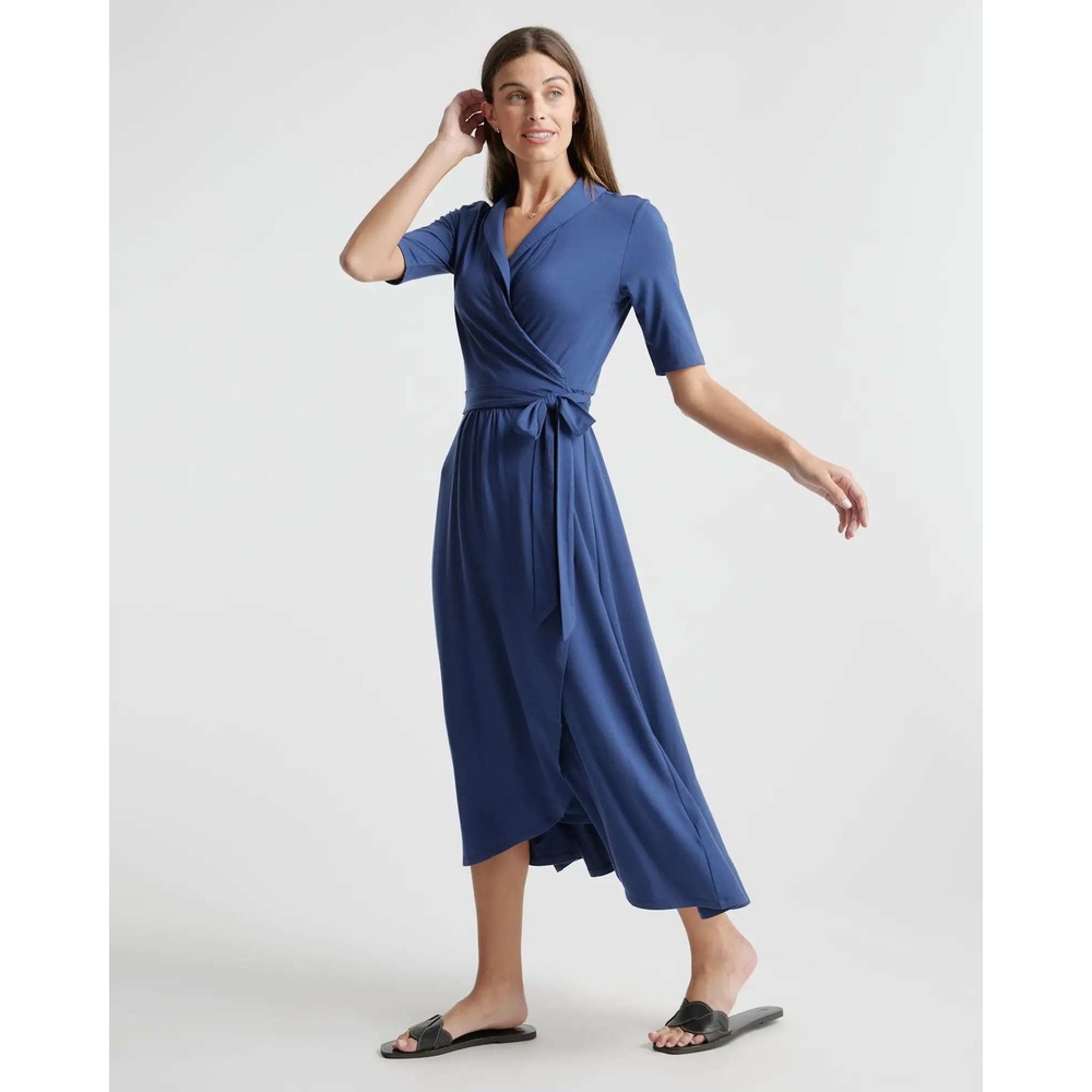 Quince Tencel Jersey Midi Wrap Dress Navy Blue Short Sleeve NWT Medium